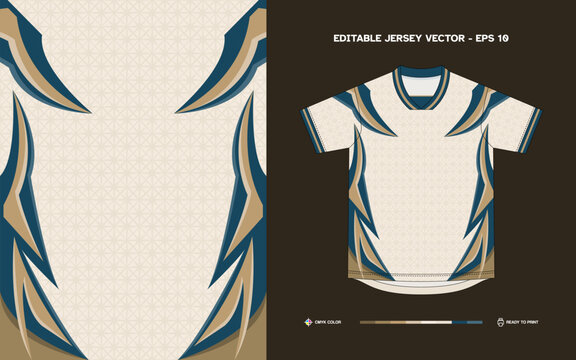 Cream sports jersey design template featuring subtle geometric pattern background with dark teal and gold sharp tribal flame side trims for soccer football club kit, activewear t-shirt mockup