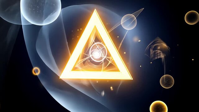 Abstract triangle with glowing orbs and dynamic energy waves