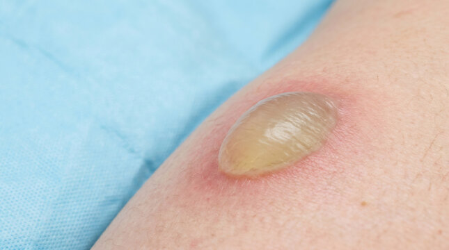 Blister on human skin close up. Inflamed burn or friction injury with fluid filled bubble on arm. Medical condition of epidermis, dermatology, treatment of wound and healthcare analysis.