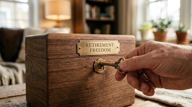 Hand inserting key into wooden box labeled "RETIREMENT FREEDOM" on a table in a cozy living room with natural light and plants in the background