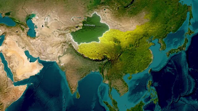 Xinjiang Uyghur Autonomous Region Highlighted on 3D Satellite Map of China