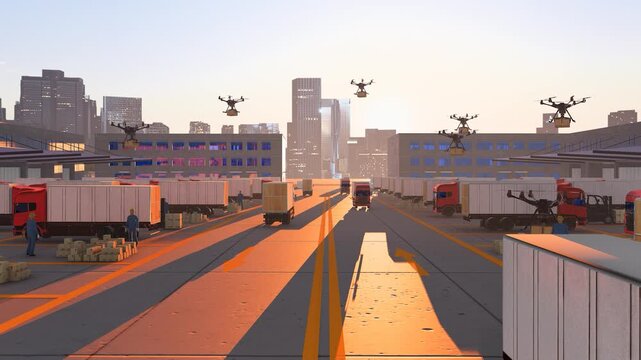 Delivery drones distributing goods and parcels from urban logistics centers.