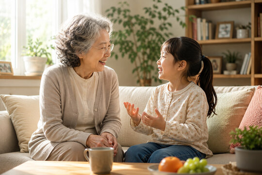 grandmother and granddaughter talking