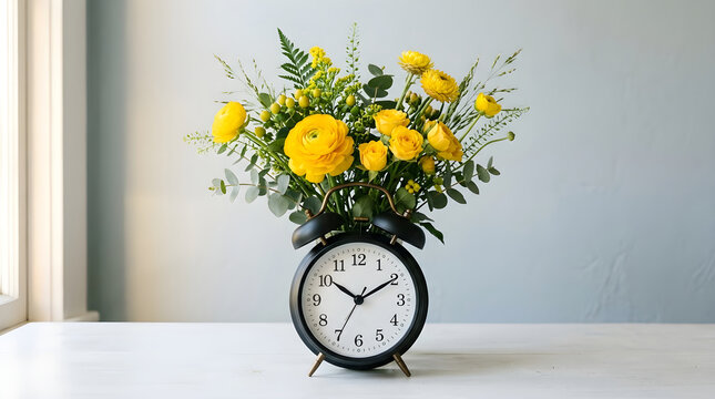 A vibrant yellow flower bouquet arranged in a black alarm clock vase on a white table. Represents time passing or a fresh start concept.