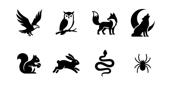Wild animal silhouette icons arranged in grid showing eagle owl fox wolf squirrel rabbit snake spider