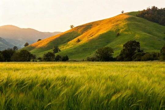 Golden Wheat Field with Rolling Hills at Sunset