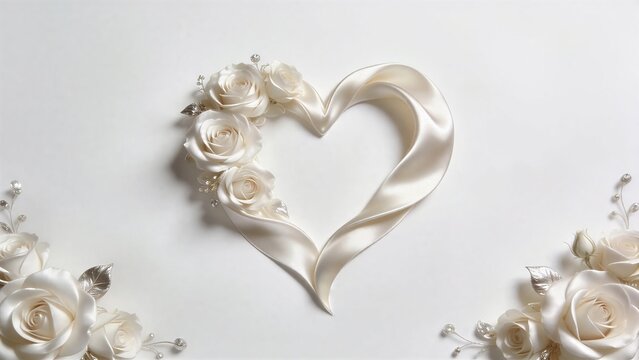 Luxury floral heart frame made of ivory silk satin fabric, elegant graceful white rose flowers with sparkling silver metallic leaves, clean white background, romantic love theme, wedding greeting card