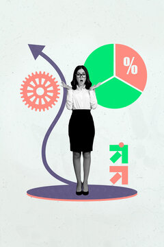 Sketch pop image art collage of happy businesswoman businessman stand arrow development diagram icon percentage progress