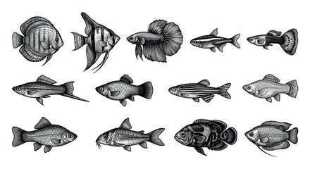Obraz premium Various detailed black and white aquarium fish illustrations are arranged in rows on a clean white background, showcasing different species