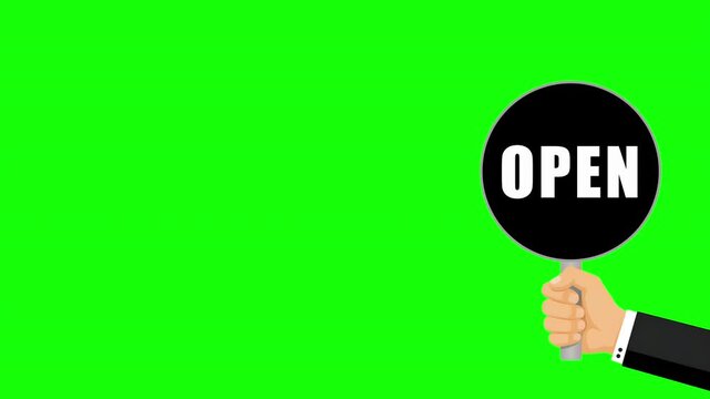 Open Sign on Green Screen Chroma Key Animation with Hand Holding Green Sign
