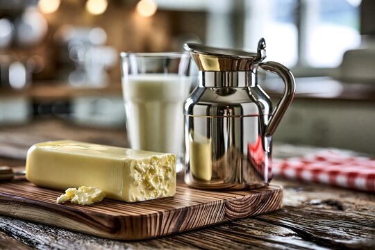 Frische Butter mit Milchglas und Edelstahlkanne auf einem Bauernhoftisch