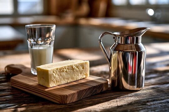 Frische Bauernbutter mit Milchglas und kleiner Edelstahlkanne auf Holztisch
