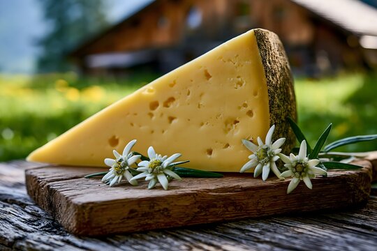 Schweizer Alpk&auml;se mit Edelweissbl&uuml;ten vor einer alpinen Bergh&uuml;tte