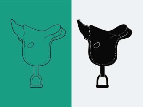 Stylized depiction of a horse saddle with stirrup against two contrasting backgrounds