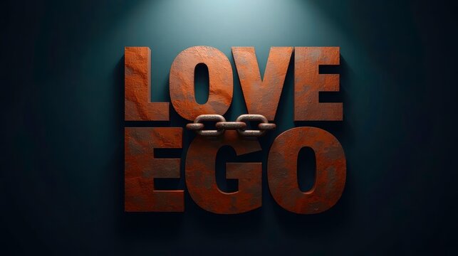 Rusted letters spell "LOVE" and "EGO" with a chain linking them