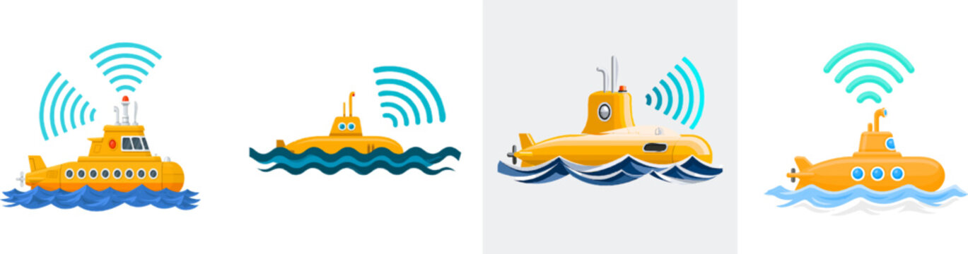 An autonomous yellow submarine with cyan sonar waves scans the deep sea floor in this minimalist vector art illustration, featuring clean lines and solid colors against a plain white background