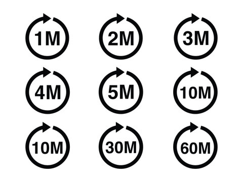 Timer icons with minutes 1M 2M 3M 4M 5M 10M 30M 60M circular arrow refresh button