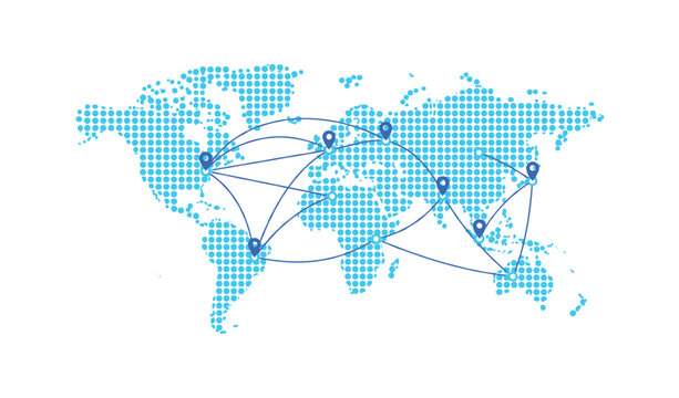 Global connection network world map with blue dotted continents and glowing node lines linking location pins, flat vector technology banner