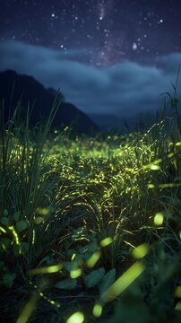 Fireflies Glowing in Grass Field Under Starry Night Sky