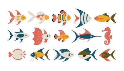 Fototapeta premium Collection of colorful cartoon fish and sea creatures on white background vector illustration