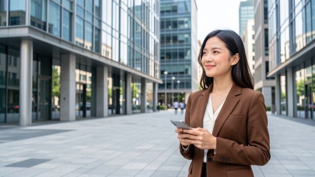 stylish asian businesswoman smiling holding smartphone on modern city sidewalk day natural light banner copyspace for professional advertisement