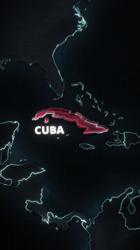 A vertical 3d map animation highlights Cuba, Caribbean in glowing red, featuring bold typography and neon borders for a short-form news reel or mobile travel alert.
