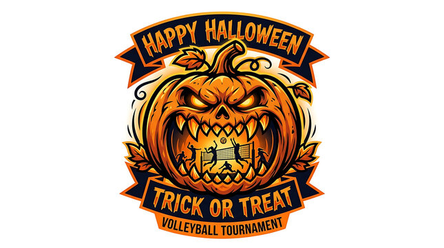 Halloween volleyball tournament logo with a scary jackolantern pumpkin and silhouettes of players playing volleyball inside the mouth, isolated on white background