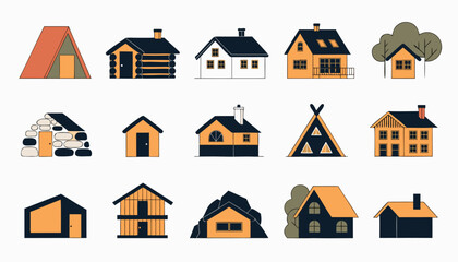Flat illustration set of various wooden cabins and mountain houses in minimalist style © Sadhin07