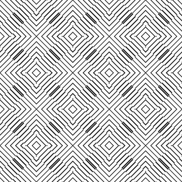 Elegant seamless optical illusion pattern featuring curved concentric lines, diamond shapes, and symmetrical geometric forms. Ideal for luxury textiles, wallpapers, packaging, fashion prints, branding