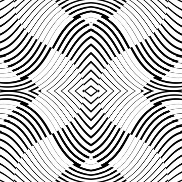 Elegant seamless optical illusion pattern featuring curved concentric lines, diamond shapes, and symmetrical geometric forms. Ideal for luxury textiles, wallpapers, packaging, fashion prints, branding
