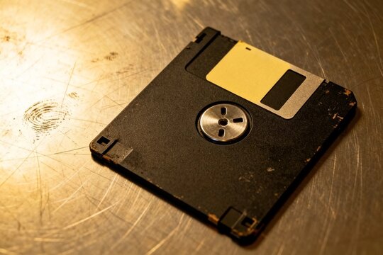 Vintage floppy disk on scratched metal surface