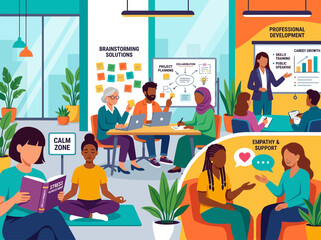 Fototapeta premium Diverse team working in modern office. Employees collaborating in creative workspace.