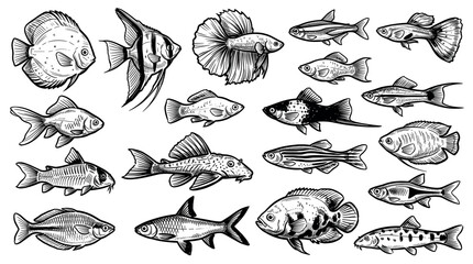 Obraz premium Diverse collection of hand-drawn aquarium fish illustrations in black and white, showcasing various species with intricate details on a clean white background