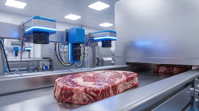 Robotic inspection system scanning raw beef steaks on an automated conveyor belt