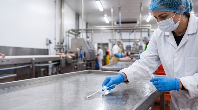 Food processing plant worker wearing mask and protective gear collects sample from stainless steel surface