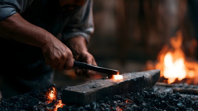 A blacksmith hammers a glowing metal piece on an anvil surrounded by hot coals and firelight