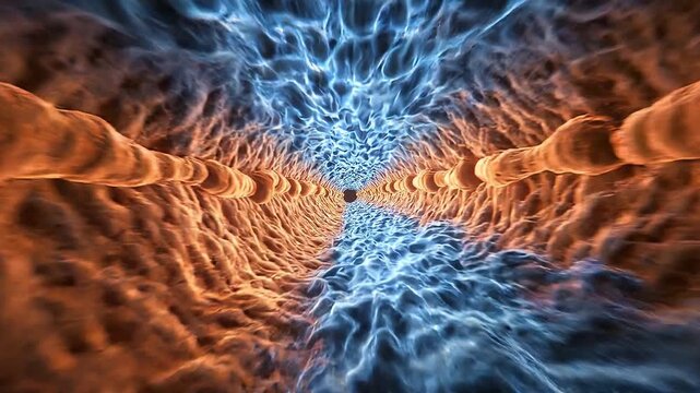 Abstract visual representation of flowing energy through a tunnel of vibrant orange and blue hues, showcasing dynamic movement and fluidity in a digital environment