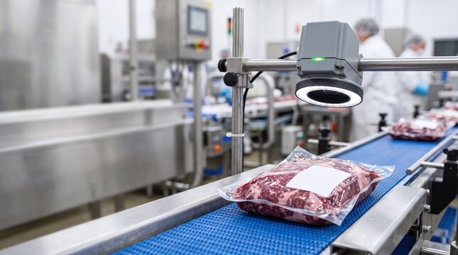 Vacuum sealed raw meat packages move on a conveyor belt in a sterile food processing factory under inspection equipment