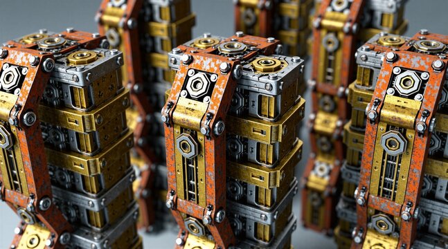 Group of rusty mechanical machine towers fold into creating endless loops. Complex industrial metal structures feature gold, orange weathered finish. Surreal conceptual towers represent abstract