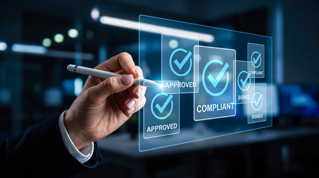 Business person using digital pen to interact with a virtual interface showing approved, compliant, and signed status icons