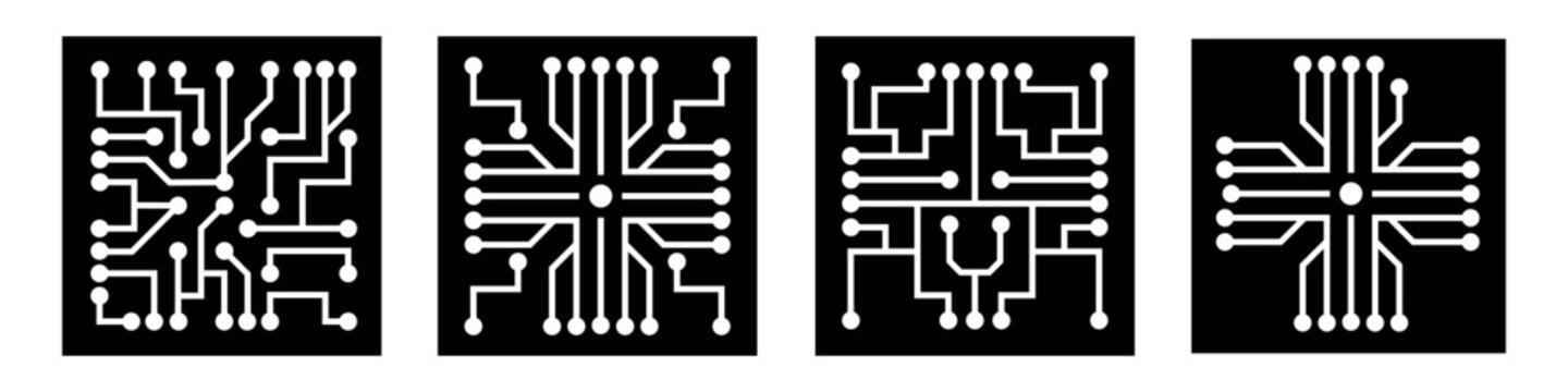 Circuit pattern icon set. PCB technology symbol collection. Editable pictograms for microchip, electronics, digital network, cyber design and tech ornament