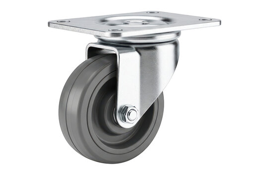 Metal caster wheel with gray rubber tire and swivel bracket, for furniture or equipment, industrial part, heavy duty, durable, smooth movement.