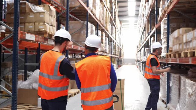 Diverse team of logistics workers managing stock and inventory. Supervisor training new employee while another colleague scans barcodes