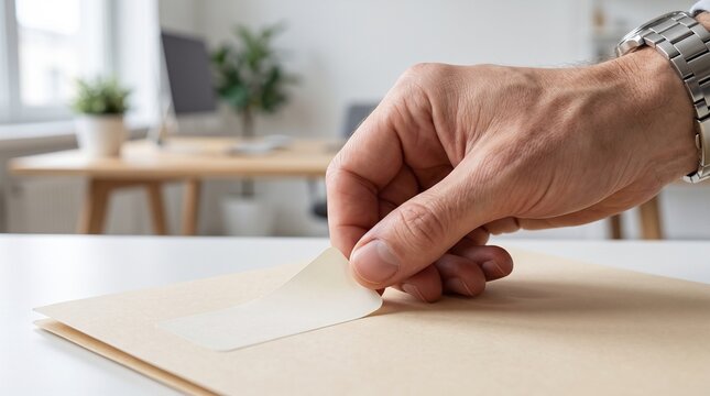 Close-up of a person's hand sealing a brown paper envelope on a white desk in a bright office environment, preparing for dispatch.