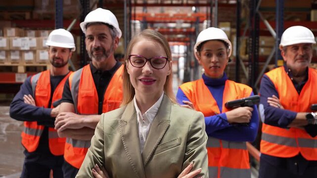 Confident female manager and her diverse team of warehouse workers standing together in a large distribution center with arms crossed
