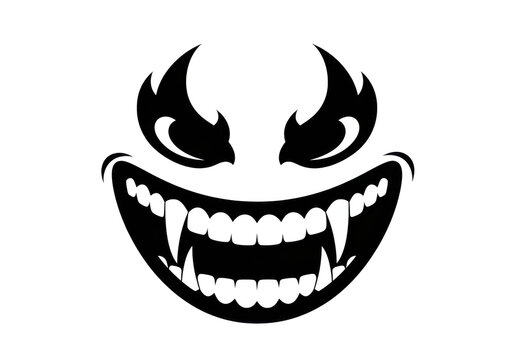 Scary monster face, evil grin, sharp teeth, fangs, devilish eyes, spooky Halloween illustration, dark design, frightening character.