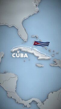 Vertical 3D map animation of Cuba, Caribbean, featuring a waving national flag, glowing border highlight, and floating typography, ideal for a smartphone background or mobile travel app promo.
