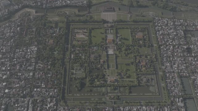 Aerial drone view of Hue Imperial Citadel featuring Ngo Mon Gate, Thai Hoa Palace and Kien Trung Palace, showcasing Vietnam's UNESCO royal heritage, ancient architecture and cultural landmark. D log m