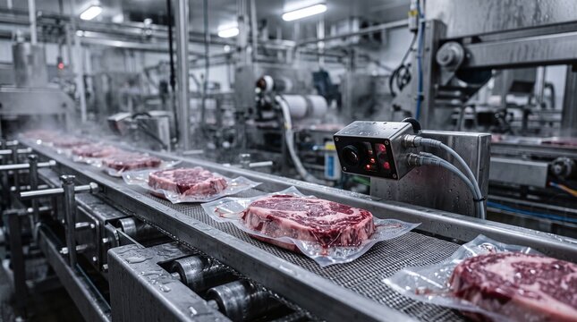 Vacuum sealed raw steaks on an industrial conveyor belt in a sterile processing facility