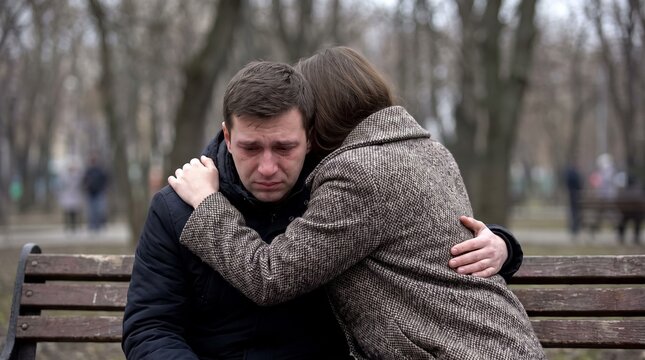 A woman comforting a crying man on a park bench, offering emotional support during a difficult moment outdoors.